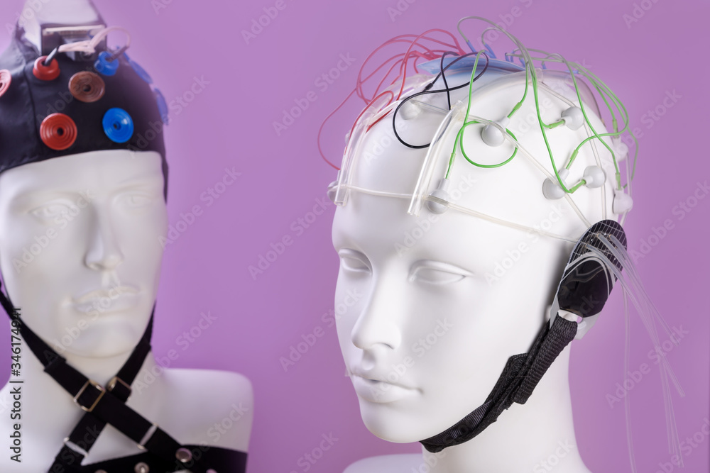 model heads with EEG electrodes different types, EEG headset equipment on  purple background, EEG equipment foto de Stock | Adobe Stock