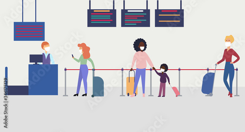 People staying in the line in the airport and keeping social distance during coronavirus pandemic. People in medical masks to be protected from coronavirus.