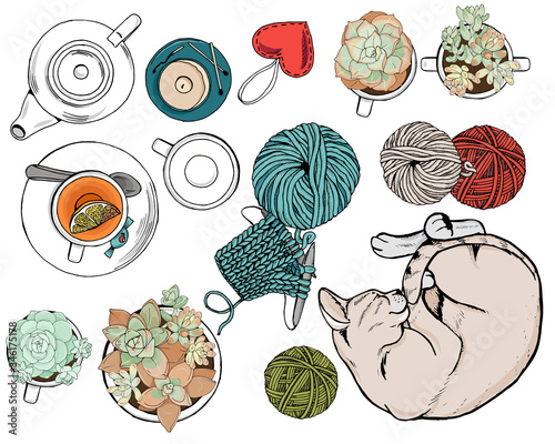 Home comfort, cute home activities, tea drinking, knitting, gardening and snugly sleeping cat, set, vector illustration