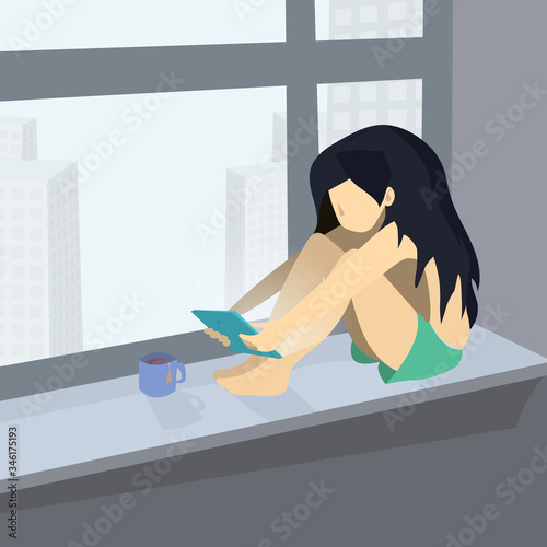 The girl uses the phone on the window seat, watches the news or plays the application in silence.