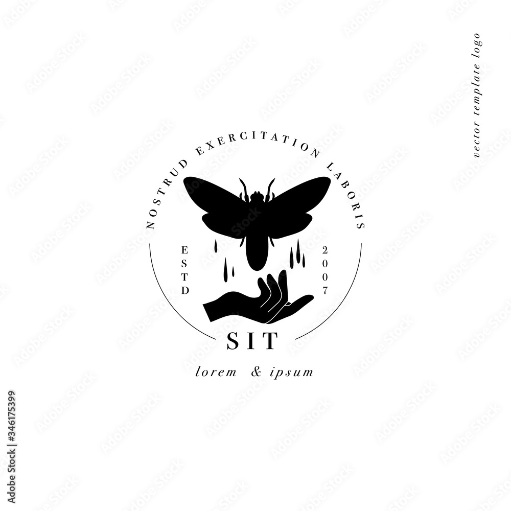 Vector design linear template logo or emblem - opened hand with butterfly. Template symbol for personal brand, psychology, astrology and esoteric.