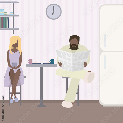 During breakfast, a man and a woman watch the news. A man watches news in a newspaper, a girl on the phone.
