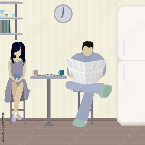 During breakfast, a man and a woman watch the news. A man watches news in a newspaper, a girl on the phone.