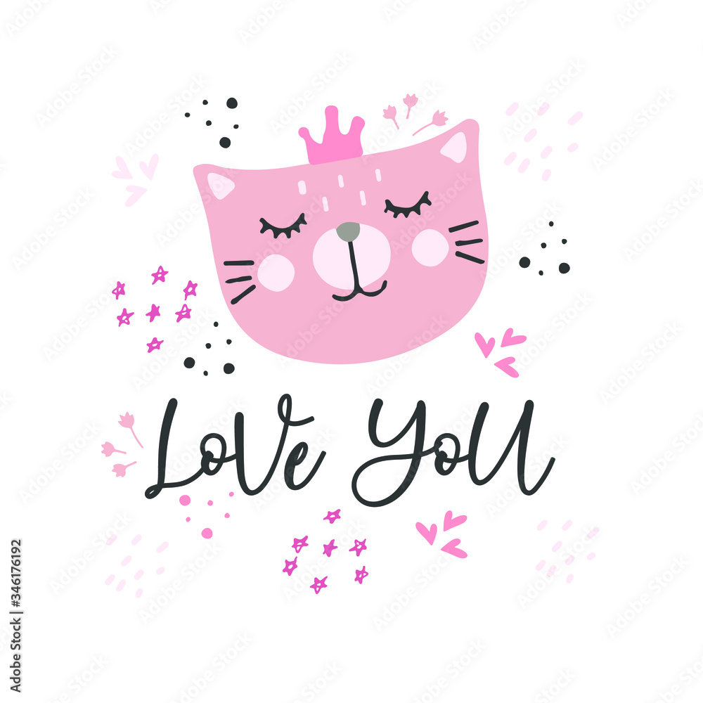 Love you hand drawn lettering. Cute cartoon cat in crown. Animal postcard isolated design element. Birthday, anniversary, Valentines Day greeting card. Ink calligraphy with flat hearts Love you hand drawn lettering. Cute cartoon cat in crown. Animal postcard isolated design element. Birthday, anniversary, Valentines Day greeting card. Ink calligraphy with flat hearts