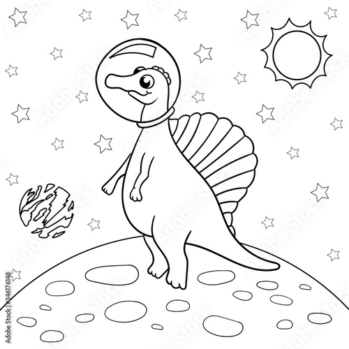 Vector illustration of dinosaur astronaut in space, spinosaurus - Coloring book for children