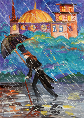 A man in a black tailcoat and top hat under a black umbrella walks in the rain against a strong wind against the backdrop of the old city .