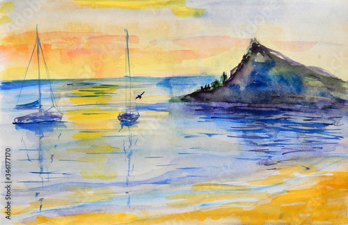 Sailing yachts in the sea against the sunset bright sky. Watercolor sketch.