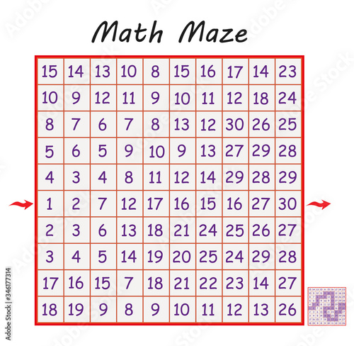 Mathematical maze with the answer. Educational maze game for kids, vector illustration.