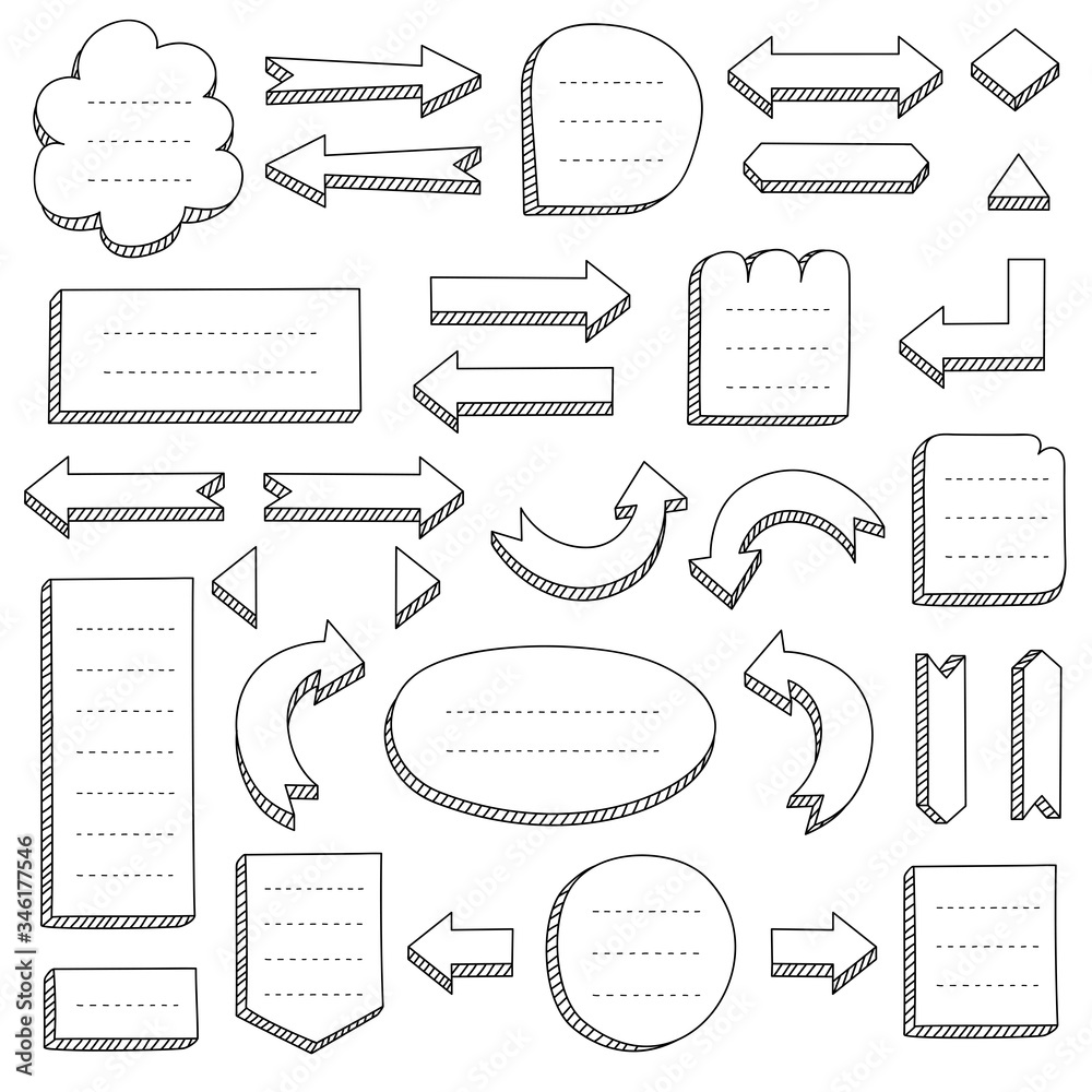 Set of black hand-drawn arrows and frames for mind maps 