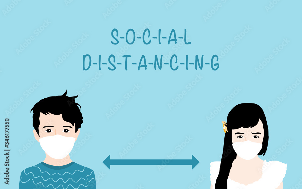 Social distancing concept.Two kids wearing medical mask and keep distance during Coronavirus pandemic. vector illustration. Social distancing concept.Two kids wearing medical mask and keep distance during Coronavirus pandemic. vector illustration.