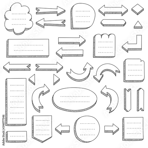 Set of black hand-drawn arrows and frames for mind maps, flowcharts, schemes, bullet journals, notes, planners, business ideas. Doodle vector collection.