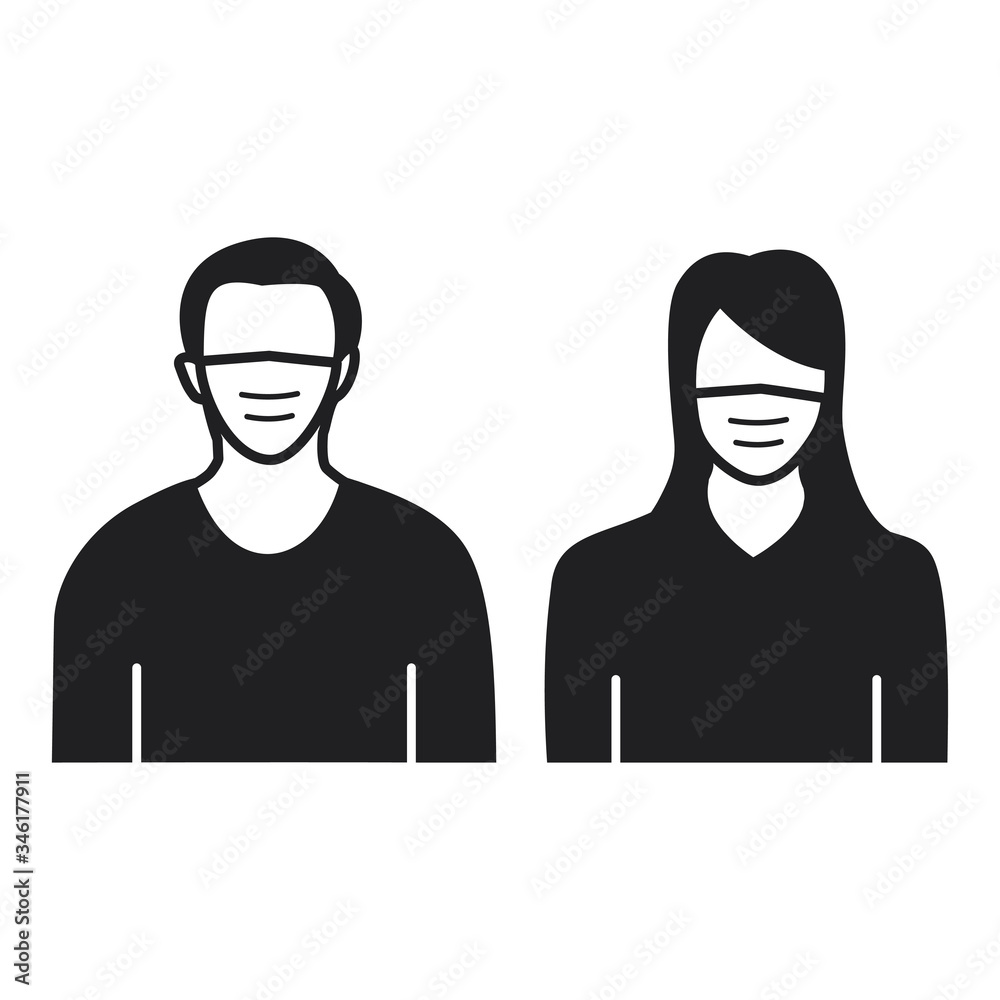 Men and Women in medical face protection masks. Vector illustration of person wearing a surgical surgical mask. illustrations for concepts of disease, disease, allergies, pollution, corona virus Men and Women in medical face protection masks. Vector illustration of person wearing a surgical surgical mask. illustrations for concepts of disease, disease, allergies, pollution, corona virus