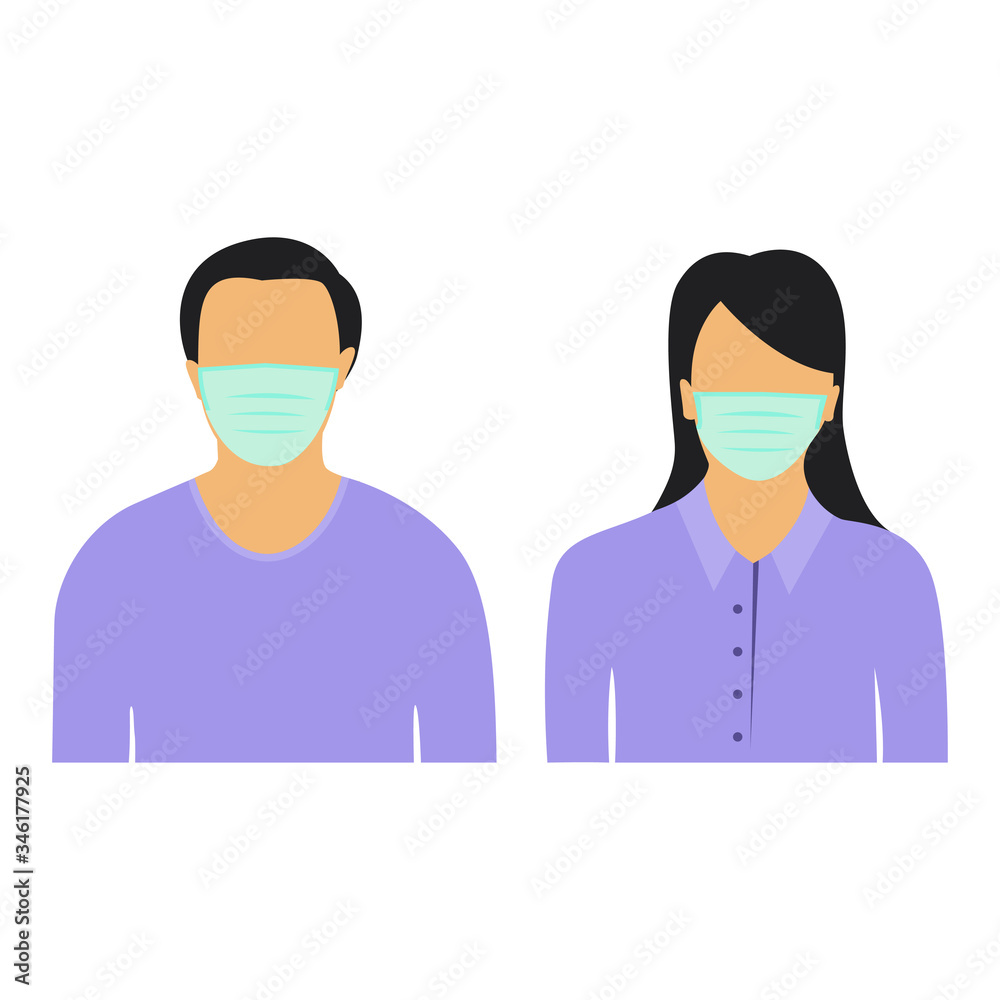 Men and Women in medical face protection masks. Vector illustration of person wearing a surgical surgical mask. illustrations for concepts of disease, disease, allergies, pollution, corona virus Men and Women in medical face protection masks. Vector illustration of person wearing a surgical surgical mask. illustrations for concepts of disease, disease, allergies, pollution, corona virus