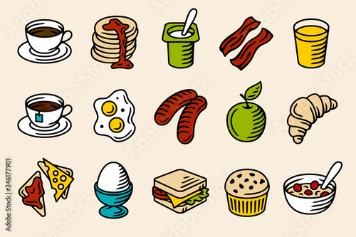 Continental breakfast set of vector icons for menus of cafe, restaurants, web etc.
