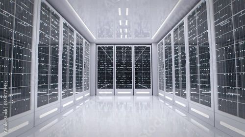 Artificial Intelligence concept. White server room in modern data center. Cloud computing data storage. Flashing light indicators. Hi-tech photo
