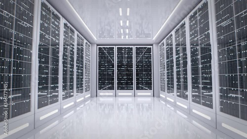 Artificial Intelligence concept. White server room in modern data center. Cloud computing data storage. Flashing light indicators. Hi-tech