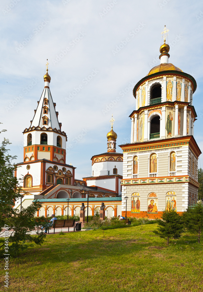 Irkutsk. Beautiful summer cityscape of the historic center with the Epiphany Cathedral in the Russian Baroque style of 1741