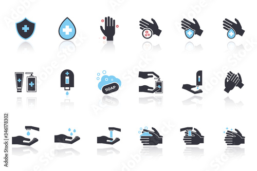 Hand washing icon set. Included icons as wash, soap, wipe, sanitary and more.