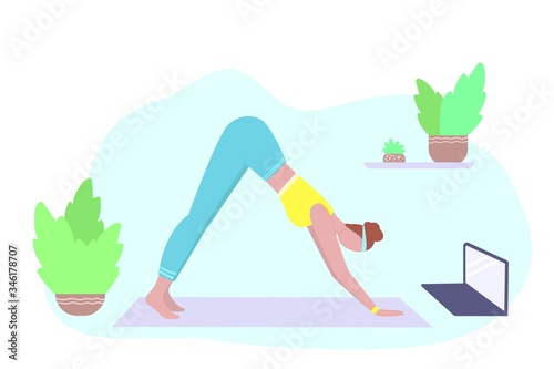 Online yoga and workout. Woman or girl doing excercises with an online coach.  Healthy lifesyle and relexation during coronavirus epidemic and quarantine. Stay home and fit. Vector illustration. photo