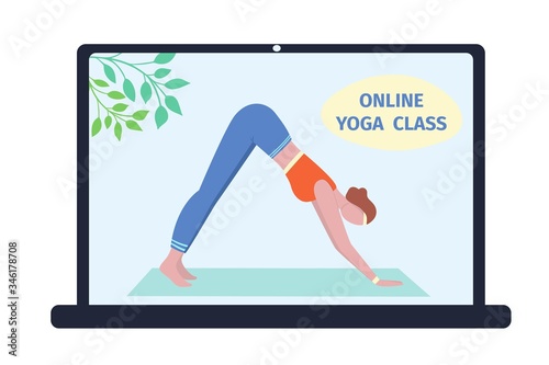 Online yoga training with the instructor from home. Stay home and do sport during epidemic and coronavirus quarantine. Yoga video lesson streaming on the laptop screen. Vector illustration.