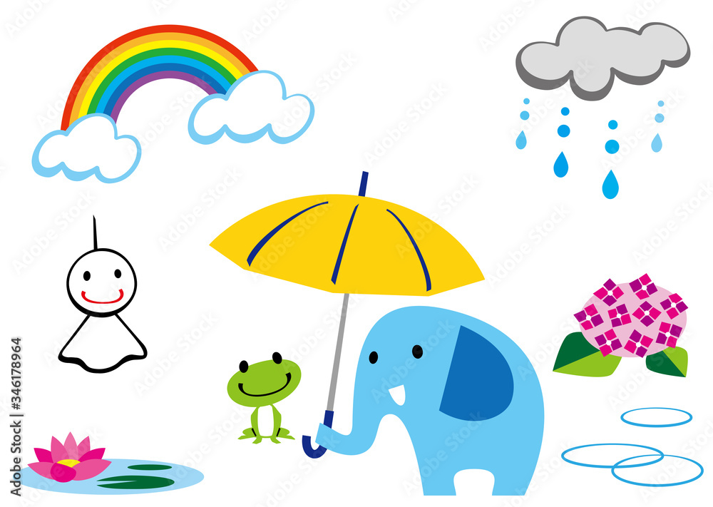 ゾウさん 梅雨イラストセット ゾウさん 梅雨イラストセット