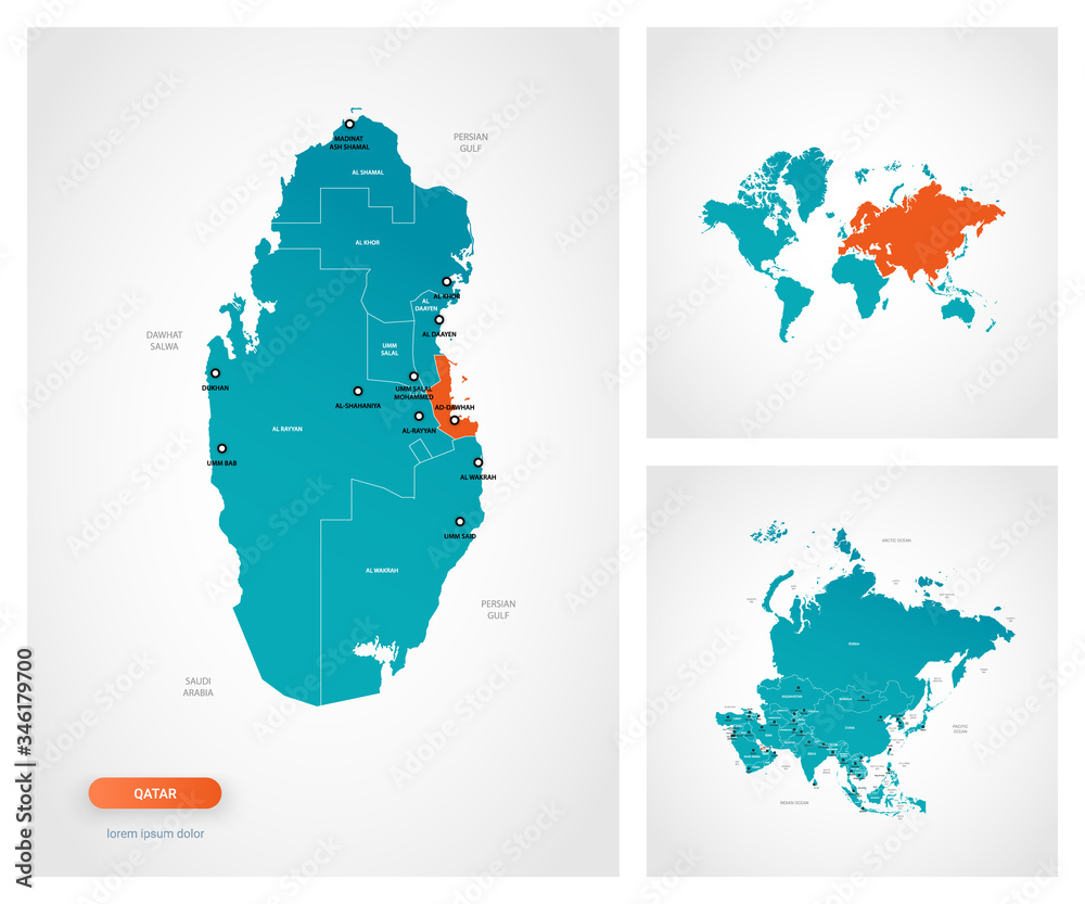 Editable template of map of Qatar with marks. Qatar on world map and on Asia map.