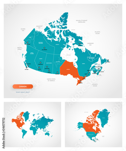 Editable template of map of Canada with marks. Canada on world map and on North America map.