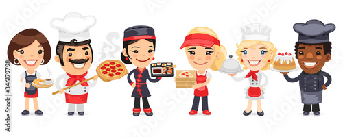A group of cartoon catering professionals workers characters with different roles stand on a white background. Restaurant team set. Pizza chef, sushi cook, waiter, culinary specialist, deliveryman and