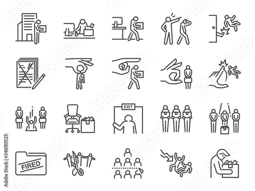 Layoff line icon set. Included icons as employee lay off, job fired, career resign, pay cuts, economic crisis and more.