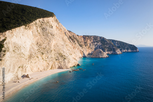 Aerial view of the famous beach of Porto Katsiki on the island of Lefkada in the Ionian Sea in Greece. Empty beach of Lefkada