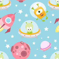 Acrylglasbilder Monstermuster Cartoon Aliens Rakete und Planeten  © elfivetrov