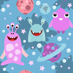 Acrylglasbilder Monstermuster Niedliche Aliens und bunte Planeten  © elfivetrov