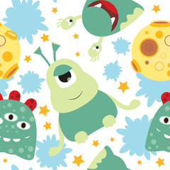 Acrylglasbilder Monstermuster Weltraum Abenteuer mit fröhlichen Aliens  © elfivetrov