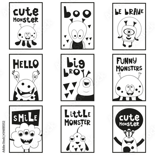 Cartoon Funny Monsters - Monochrome Posters Set. Kids Prints for Baby T-shirt, Greeting Card, Nursery Decor. Vector Illustration. Black and White Placards.