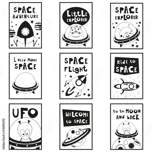 Monochrome Posters Set - Cartoon Aliens and Galaxy Monsters with Shuttles, Space Rockets. Kids Prints for Baby T-shirt, Greeting Card, Nursery Decor. Vector Illustration. Black and White Placards.
