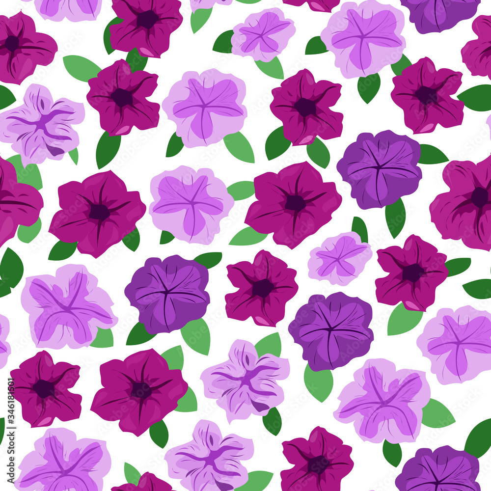 Seamless pattern of bard and lilac petunias on a white background