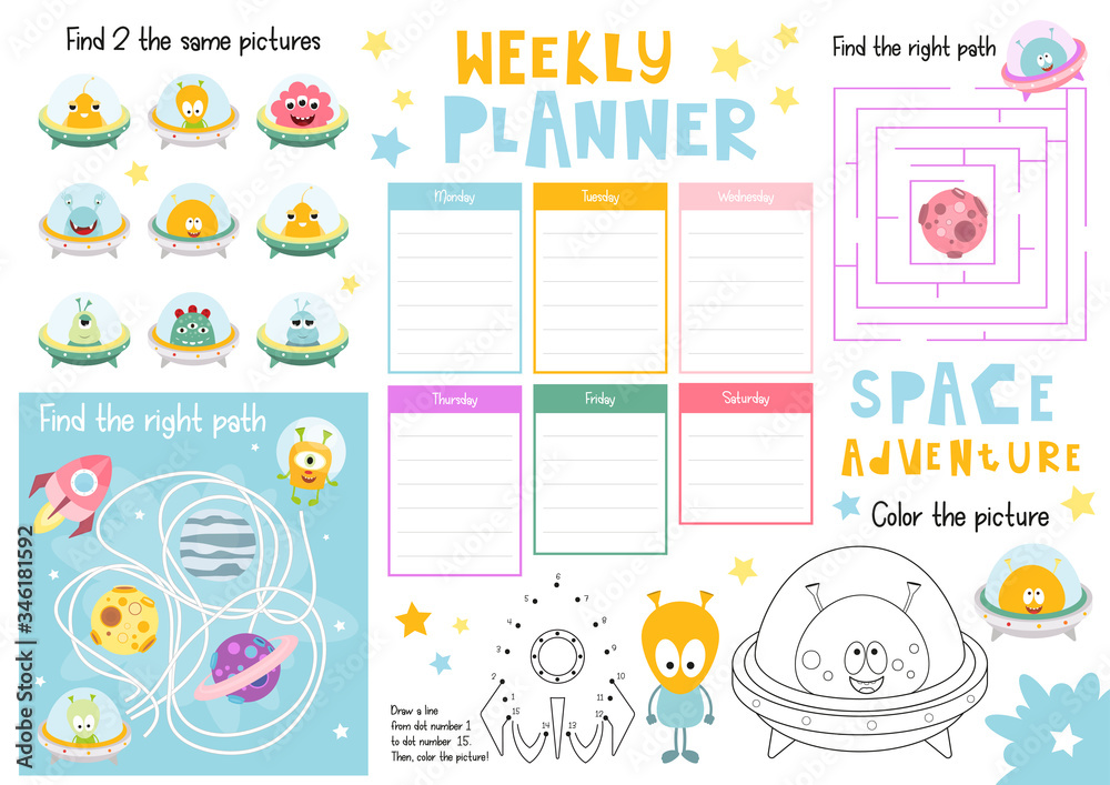 Funny Monsters Kids Weekly Planner Template. Schedule for Children. Set of Kids Puzzles for Preschool, Kindergarten, School. Vector illustration. Funny Monsters Kids Weekly Planner Template. Schedule for Children. Set of Kids Puzzles for Preschool, Kindergarten, School. Vector illustration.