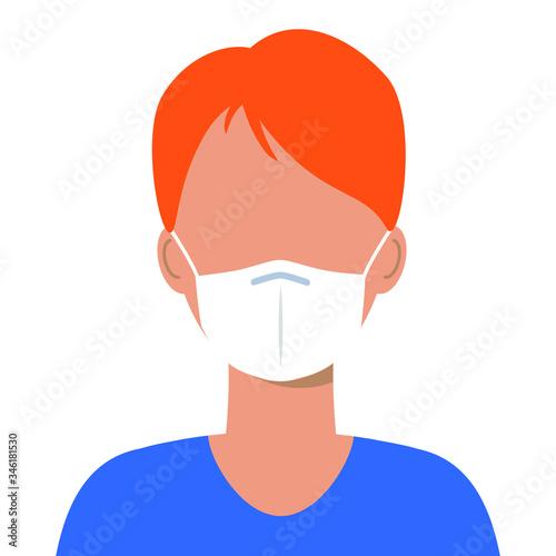 Coronavirus 2019-nCoV illustration. Man or woman wearing white medical face mask. Quarantine and self-isolation.Vector flat illustration.
