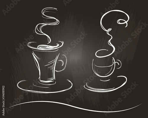 Set of two coffee cups in a sketch style. Transparent mug and figured hot steam. Isolated on a chalkboard.