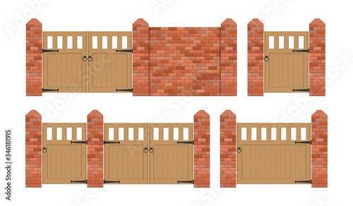 Brick fence with wooden gate vector illustration isolated on white background