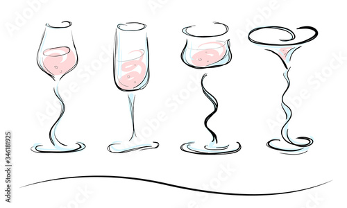 Set of figured colored wineglasses in a sketch style. Hand-drawn beverages, stylized. Isolated. No background.