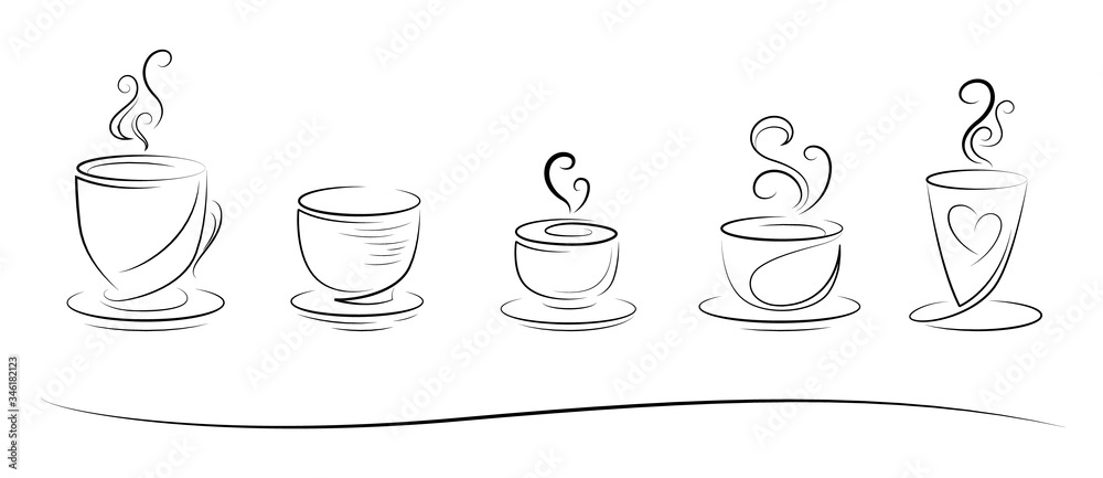 Horizontal set of hand-drawn coffee cups. Stylized sketch coffee. Isolated.