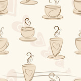 Seamless texture with hand-drawn coffee cups and hearts
