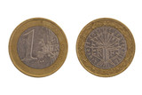 Euro coin, close up on both sides on white background