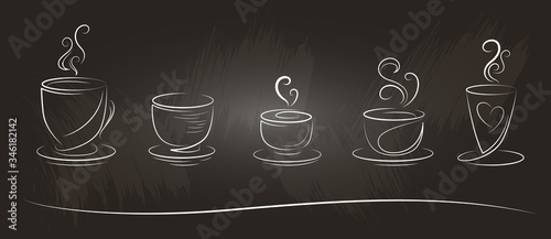 Horizontal set of hand-drawn coffee cups. Stylized sketch coffee on a chalkboard. Isolated.