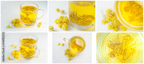 Immortelle, fragrant immortelle tea, plant yellow flowers, immortelle homeopathic medicine, set, collection colorful photographs.
