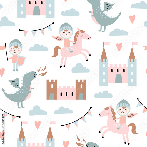 Childish seamless pattern with dragon, castle, knight in scandinavian style.