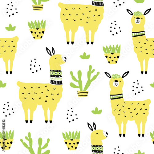 Seamless pattern with llama, cactus