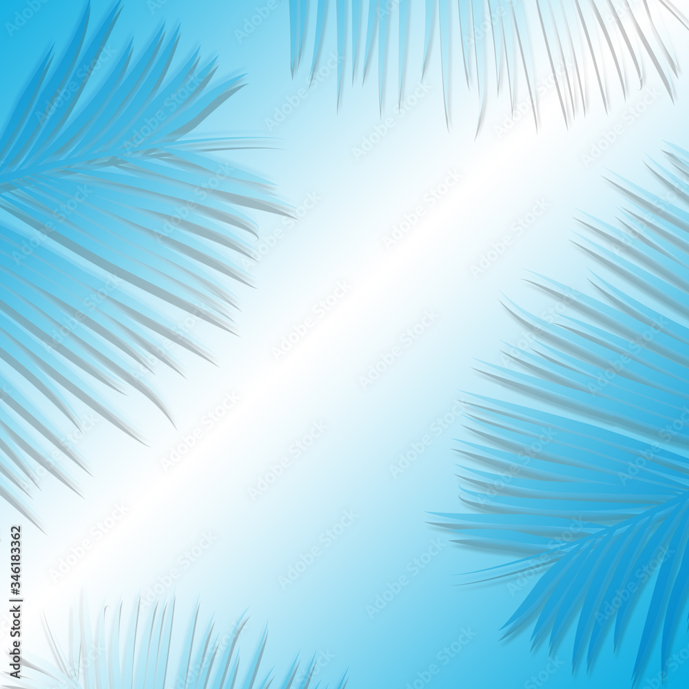 Flat lay palm leaves for seasonal background. Blank message space decorated with palm leaf for banner.