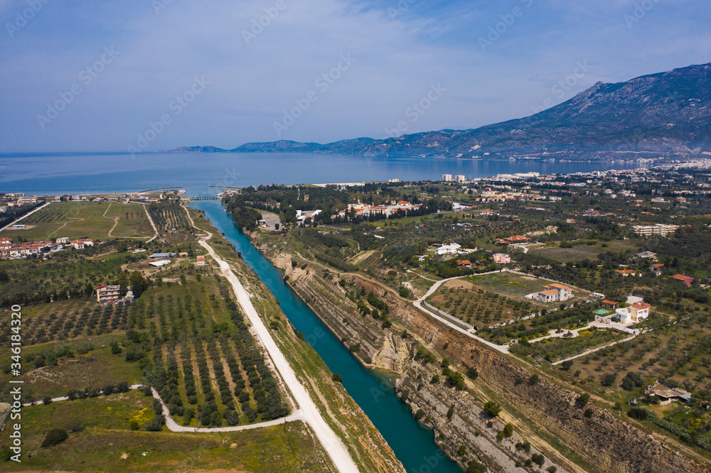 The Corinth Canal aerial view with bridge and traffic line